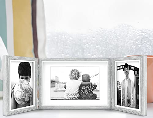 Three Picture Frame 4X6 And 5X7 Wooden Hinged Folding Photo Frame Definition Glass Stand Vertically On Desktop Or Tabletop，Grey #TOP5