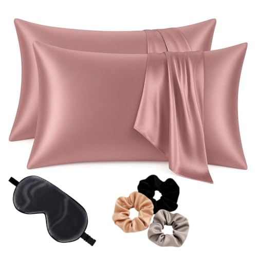 Image of Premium Satin Pillowcase Set of 2 with Eye Mask & 3 Scrunchies | Silky Soft, Anti-Frizz, Skin & Hair Care Sleep Set | Luxury Gift Combo for Women & Girls (Rose Taupe)