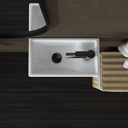 MEJE 16-Inch Wall Hung Basin Sink Combo, Small Cloakroom Basin, Rectangle Ceramic Bathroom Wash Basin - Right Hand Sink Set (Include Faucet & Pop-up Drain) — view 2