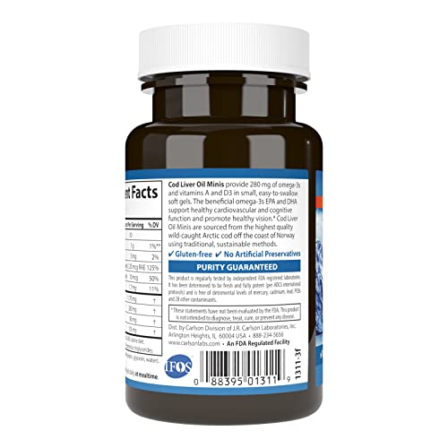 Carlson - Cod Liver Oil Minis, 280 Mg Omega-3S + Vitamins A And D3, Norwegian, Wild Caught, Sustainably Sourced, 100 Mini Softgels #TOP2
