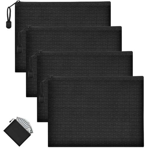4 Stück Geldtasche Geldtaschen Banktasche mit Reißverschluss 24 x 18 cm Geldmappe Schwarz Wasserdichte Oxford Geld Tasche Dokumententasche A5 für Haushalt Business Schule