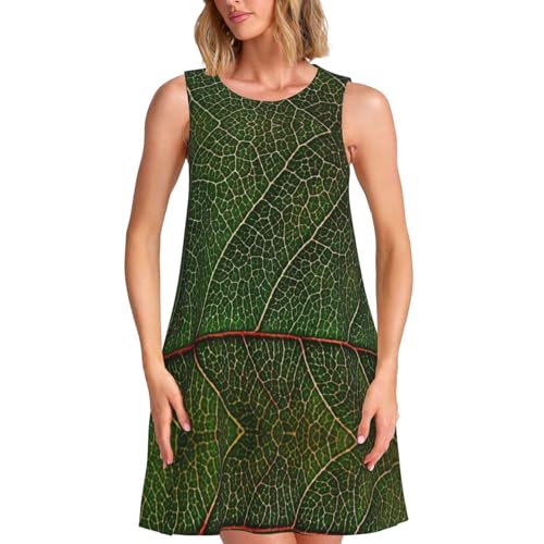 Robe d'été sans manches à motif veines de feuille verte et poches latérales pratiques