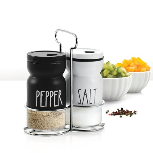 Treo By Milton Zesty Salt and Pepper Shakers Set with Adjustable Pour Holes & Stand, Glass Bottom Spice Dispenser, Set of 2, Black & White, Seasoning Condiment for Kitchen Dining Restaurant