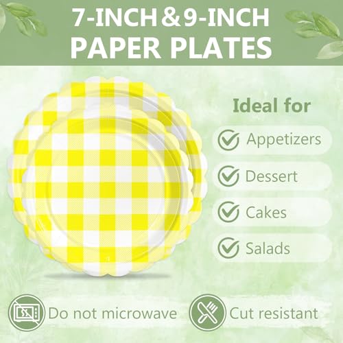 Image of 100 Pcs Yellow Gingham Paper Plates and Napkins Disposable Set for Party