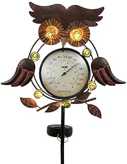 TERESA'S COLLECTIONS 39inch/99cm Metal Owl Solar Stake Lights for Garden Ornaments, Decorative Outdoor Thermometer for Pathway Patio Lawn Yard Decoration