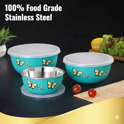 Image of Zaib Microwave Safe Stainless Steel Food Storage Containers with Lid | Pack of 3 | Sizes 12 cm, 14 cm, 16 cm | Capacity 500 ml, 750 ml, 1250 ml | Snap Fit Lid (Green Butterfly 3)