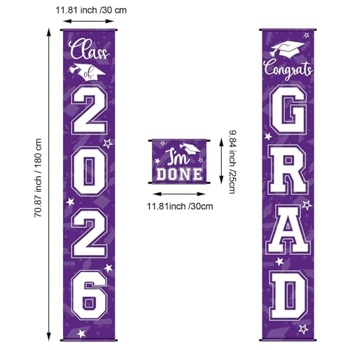 Image of Moukeren 3 Pieces 2026 Graduation Party Decorations Graduation Porch Sign Class of 2026 Grad Hanging Porch Banner Backdrop Door Sign for Grad Party Home Door Wall Decor(Purple)