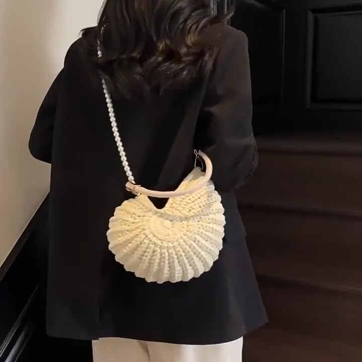Shell Bag Seashell Bag Handwoven Crochet Shell Purse Summer Beach Tote with Pearl Strap Boho Clutch Shoulder Bag for Women - Image 7