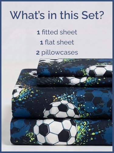 Image of Kids Full Midnight Soccer Bed Sheets - 4 Piece Midnight Soccer Sheet Set | Midnight Soccer Themed Bedding, Ultra-Soft, Cute & Cozy, Breathable & Machine Washable, Bed Set for Boys, Girls & Teens, Cozy