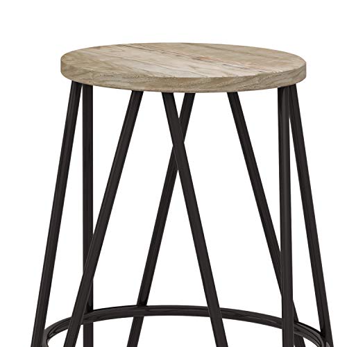 Simplihome Simeon 24 Inch Counter Height Stool, Natural And Black Metal And Elm Wood, Round, Backless, For The Kitchen And Dining Room, Industrial #TOP3