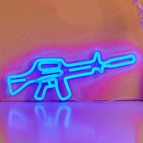 Image of Cusgazy LED Neon Gun Neon Sign, USB Powered Neon Signs Night Light, 3D Wall Art & Game room Bedroom Living Room party Decor lamp for Children Kids Girls Boys (Blue)