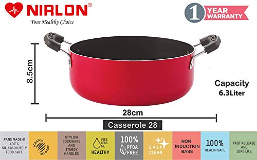 Image of Nirlon Non Stick Aluminium Gas Compatible Casserole /Biryani Pot /Rice Pot, 28cm - 6.3 LTR (Nonstick PFOA Free, Non-Toxic, Food Grade Quality)(26 mm Classic CS16)