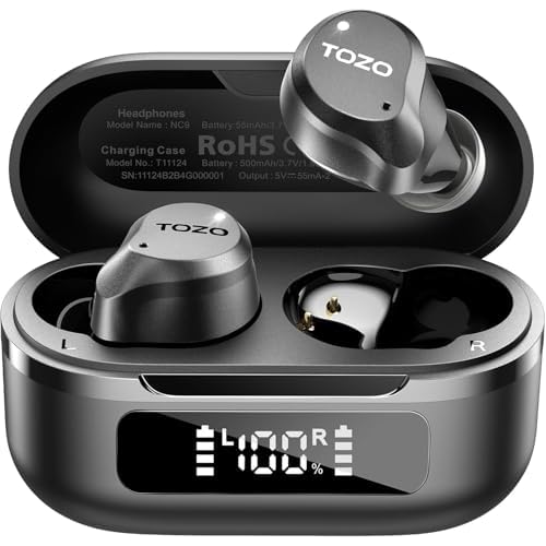 TOZO Hybrid Active Noise Cancelling Wireless Earbuds, 6 Mics ENC Clear Call, IPX8 Waterproof, in Ear Bluetooth 5.3 Headphones Stereo Bass Ear Buds 59H Playtime with LED Display 32 EQs via APP