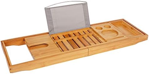 TRIXES Premium Bamboo Bath Caddy  Extendable Luxury Home Relaxation Spa Experience for Bathrooms  Wine Holder  Book Stand Rack Phone Slot  Candles  Side Tray Compatible with Tablets E-Readers