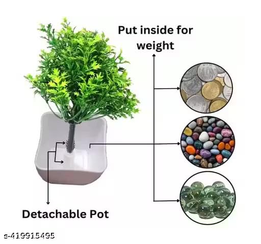Image of Artificial Plant with White Pot, Green, Small Decorative Faux Plant, Indoor Home Decor, Detachable Pot