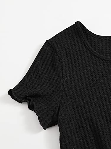 Oyoangle Girl's Waffle Knit Short Sleeve Notched V Neck Drawstring Waist Short Jumpsuit Romper Black 10-11Y #TOP4