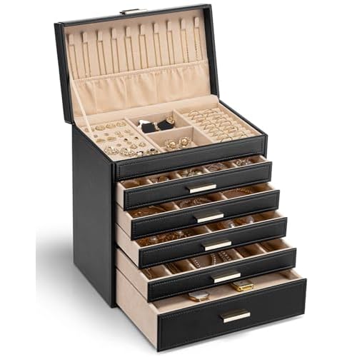 Vlando Large Jewelry Organizer Box for Women Girls,6-Layer Jewelry Organizer for Necklaces Earrings Bracelets Rings watchs,large Capacity Jewelry Storage Case,Black Black Upgrade