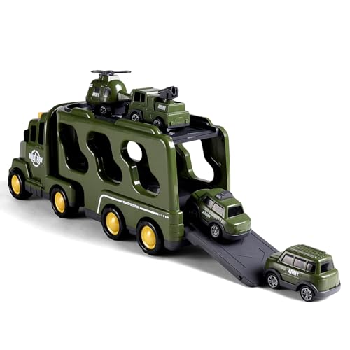 Image of Play Nation 5-in-1 Friction-Powered Truck Toy Set with Light&Sound-Educational Transport Carrier Vehicle for Kids 3 Years+,Emergency Rescue Toy for Girls&Boys,Birthday Gift (Military Army,Green)
