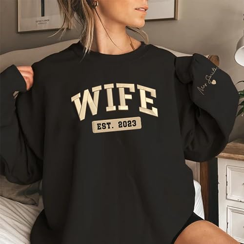 Custom Embroidered Wife & Husband EST 2023 Sweatshirt Hoodie, Embroidered Custom Name On Sleeve With Initial Hearts, Perfect Couple Gift4