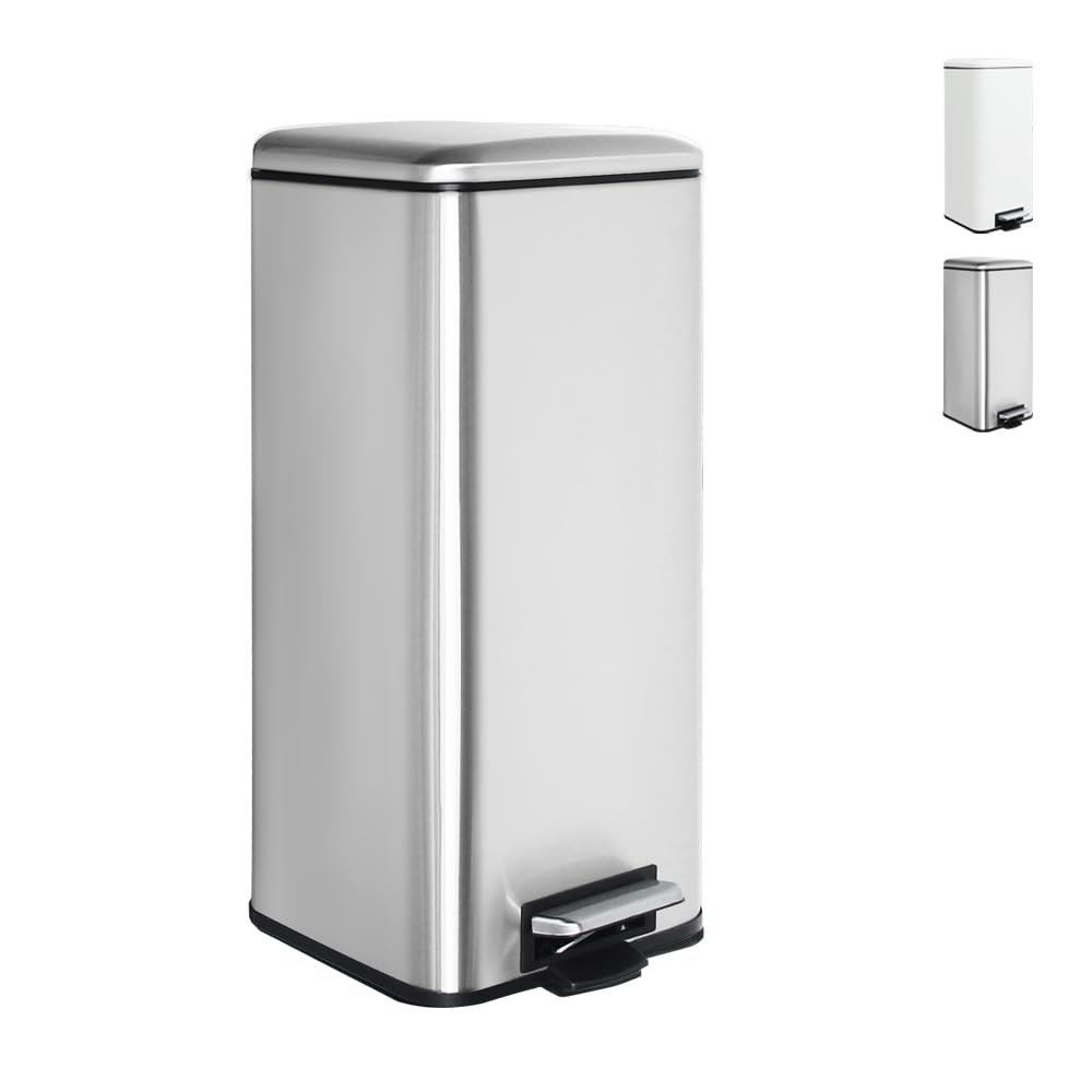 Mülleimer 30L, Abfalleimer mit Fußpedal, Inneneimer, Decke, Weiß | Mülleimer Küche, Quadrat, Stahl, Mülleimer Groß, Edelstah, Mit Metall-Pedal, Softclose Deckel, Für Küche, Büro, Wohnzimmer