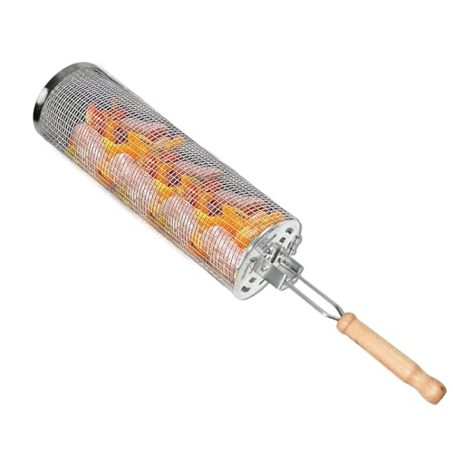 Rolling Baskets Barbecue Net Tube | Rolling BBQ Cage | Stainless Steel Roasting Basket Cylinder for Vegetables, Meat, Vegetables, Fish