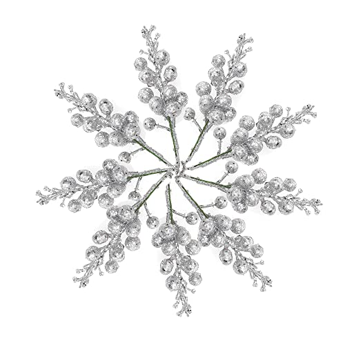 Image of Ulalaza 9pcs 7.8Inch Christmas Glitter Berries Stems Artificial Christmas Picks for Christmas Tree Ornaments, DIY Xmas Wreath, Crafts, Holiday and Home Decor, Silver