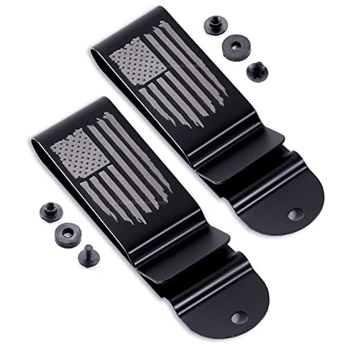 Universal Metal Belt Clips - (Black) - (w/USA Flag - Distressed Engraving) - (w/Mounting Hardware) - (2 Pack) - Replacement Steel Clip for Holsters, Sheaths, Phone Cases