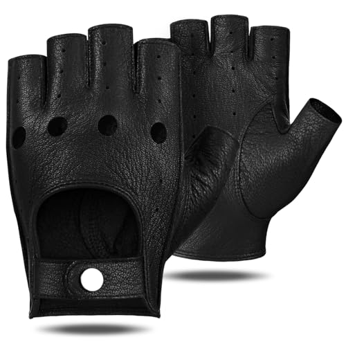 Image of GSG Men's Fingerless Leather Driving Gloves, Half Finger, lambskin | Half Finger Design, Breathable Comfort,Driving, Motorcycle Riding, Racing, Cycling, Daily Wear