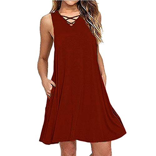 POKHDYE Dress Femme Confortable Cocktail Polyester À lanières Bureau Robe pour Femme Col Croisé Uni sans Manche Au Genou Branché Doux Été Cover