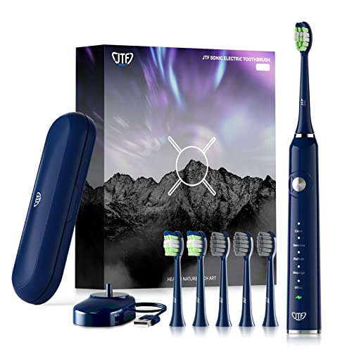 JTF Brosse À Dent Electrique Sonique Adultes, Brosse à Dent Rechargeable sans Fil avec Etui de Voyage et 6 Têtes de Brosse, 5 Modes et Minuterie 2 Minutes, Brosse À Dents Électrique Voyage, P200 Bleu