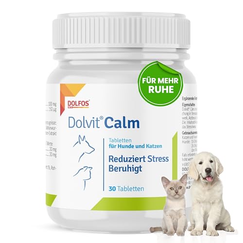 Dolvit Calm Beruhigungsmittel für Hunde und Katzen 30 Tabletten, Entspannungs- & Anti-Stress-mittel für Hunde mit Baldrian, L - Tryptophan und Zitronenmelisse, Schmackhaft und Leicht Enzunehmen