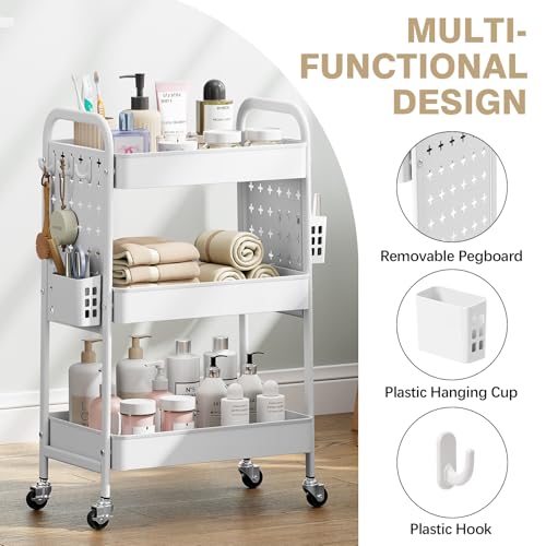 Image of KINGRACK 3 Tier Rolling Cart with DIY Pegboard, Metal Utility Cart with Wheels, Hooks & Baskets, Sturdy Storage Organizer for Craft, Bathroom, Kitchen, Office, Nursery, Classroom (White)