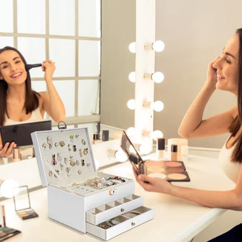 Unimoly Jewelry Box, 3-Layer Jewelry Boxes for Women, Stud Earings Holder Jewelry Organizers and Storage with Removable Jewelry Tray, PU Leather Vintage Quilted Top Lockable Jewelry Holder Gift Idea — view 6