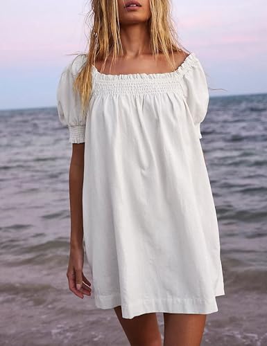 Image of Huaqiao Womens Summer Mini Dress 2026 A-Line Square Neck Puff Sleeve Beach Sundress Casual Short Dress with Pockets