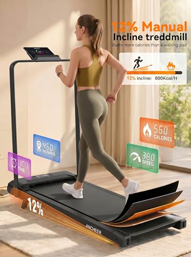 Image of ANCHEER Treadmill with 12% /15% Incline, Folding Walking Pad with Handle Bar, 320-450lb Capacity Under Desk Foldable 3.5HP Treadmills for Home /Office /Gym,Installation-Free