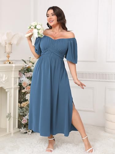 Image of CICIDUDU Plus Size Dress Wedding Guest Semi Formal Ruffle Short Sleeve Sweetheart Neckline Slit A Line Flowy Maxi Dresses