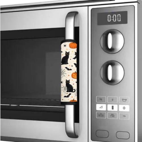 Image of Fridge Door Handle Covers Set of 6 Kitchen Appliance Decor Handles Glove Anti-Slip Protectors Washable Refrigerator Decor Accessories, Black Cat Pumpkin Bat Spider-Web Print Beige