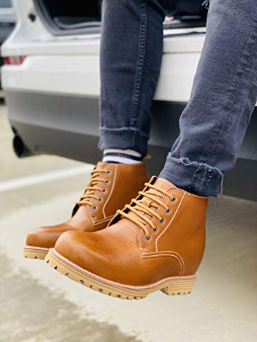 Calto Men's Invisible Height Increasing Elevator Shoes - Brown Premium Leather Lace-Up Round-Toe Work Boots - 3.4 Inches Taller - S8751 - Size 12 D(M) Us #TOP5