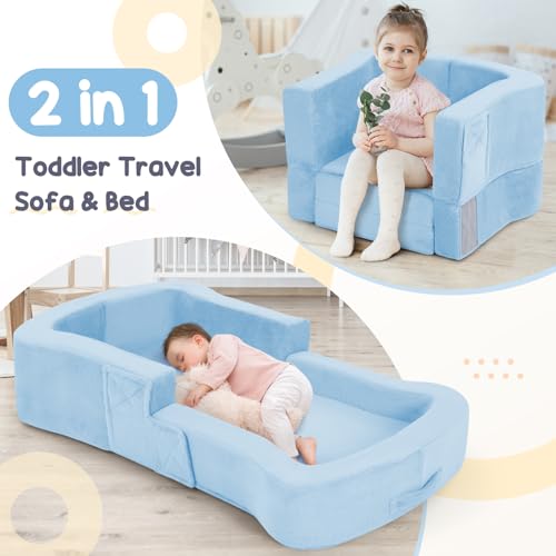 whiffee Toddler Travel Bed, 2-in-1 Foldable Portable Toddler Bed Sofa Chair, Soft Baby Kids Travel Floor Cot with Washable Covers Safety Foam Raised Bumper for Camping Hotel Sleeping (Blue)