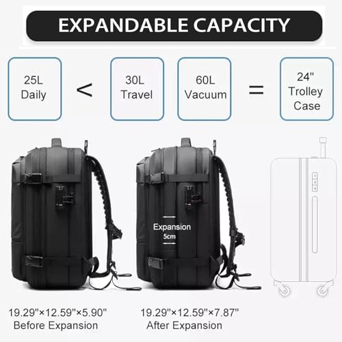 Ekon Vacuum Backpack, Travel Bag with Vacuum, 40-60l Expandable Multifunctional Waterproof Anti-Theft Pack (Midnight-2.0)3