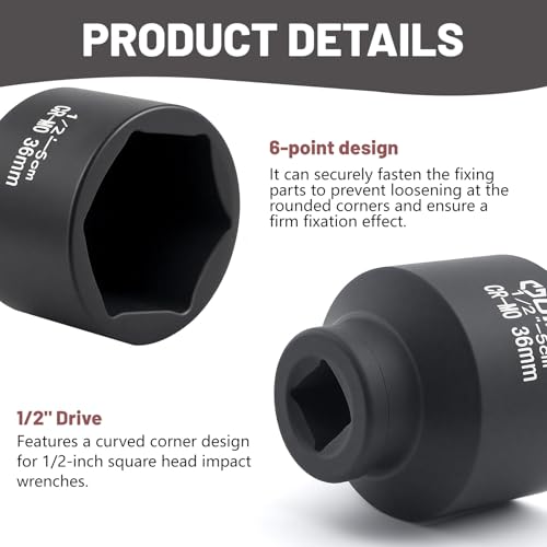 36mm 1/2" Drive Deep Impact Socket, 6-Point CR-MO Axle Nut Socket Made of Chrome Molybdenum Steel, Heavy Duty Black Phosphate Finish, Compatible with Impact Wrench, Ratchet or Breaker Bar for Automoti - Image 2
