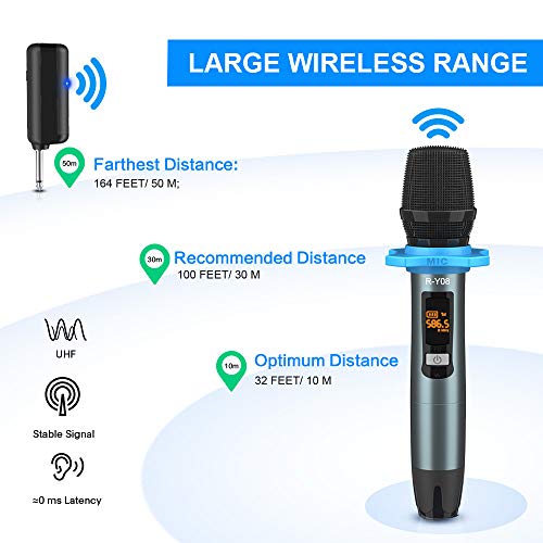 Wireless Microphone UHF Rechargeable(Work 13-18hs) Cardioid Dynamic Mic Handheld Wireless mic System for Karaoke, Singing, Stage, Interview, Church, PA Speaker, Amplifier, Mixer, Camera, Laptop, 164ft