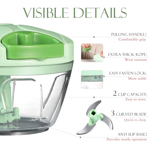 Ourokhome Manual Food Processor Vegetable Chopper, Portable Hand Pull String Garlic Mincer Onion Cutter for Veggies, Ginger, Fruits, Nuts, Herbs, etc., 500ml, Green