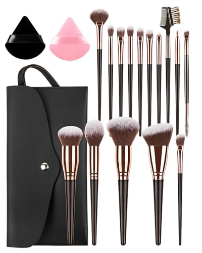 JUKOTA Set de Brochas de Maquillaje, 15 Piezas Juego de Pinceles de Maquillaje Profesional con 2 Soplos de Polvo, Brochas de Maquillaje de Primera Calidad Set Para Fundación Corrector, Negro