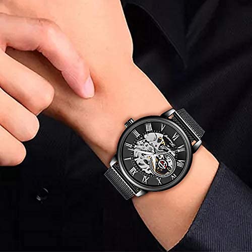 Dentily Mens Watches Classic Roman Numeral Steampunk Mechanical Watch Hand-Wind Skeleton Watch #TOP7