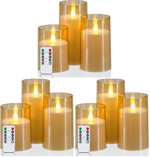 Image of Homemory Realistic Flickering Flameless Candles, Battery Operated Candles with Remote Control and Timer, LED Fake Electric Candle for Home, Christmas Decoration, Gold, Set of 3 (Pack of 3)