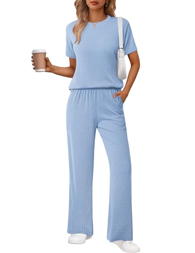 Ekouaer Lounge Set for Women 2 Piece Sets Outfits Top and Long Pants Ribbed Textured Knit Matching Pajamas with Pockets