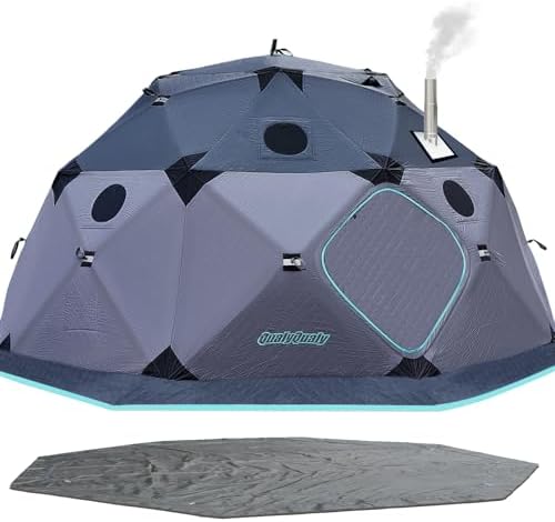 QualyQualy Ice Fishing Tent with Floor, 8-10 Person Insulated Ice Fishing Shelter, 147sq.ft Pop-Up Shanty with Stove Jack, Winter Windproof Ice Shack Hut with Carrying Bag(Grey)