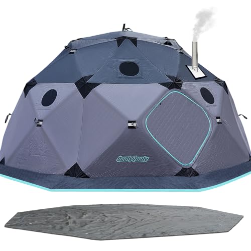 QualyQualy Ice Fishing Tent with Floor, 8-10 Person Insulated Ice Fishing Shelter, 147sq.ft Pop-Up Shanty with Stove Jack, Winter Windproof Ice Shack Hut with Carrying Bag(Grey)