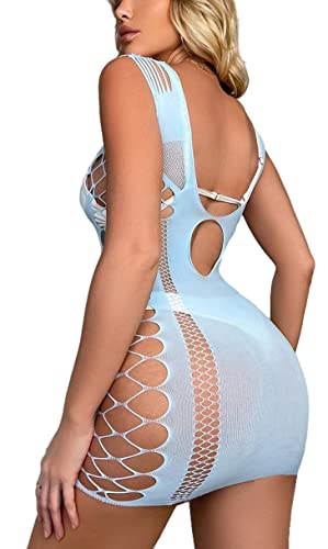 Bommi Fairy Mujer sin costuras malla elástica corte fuera ropa interior ropa interior mini vestido ropa de dormir lencería sexy vestidos de pesca, azul claro Cover